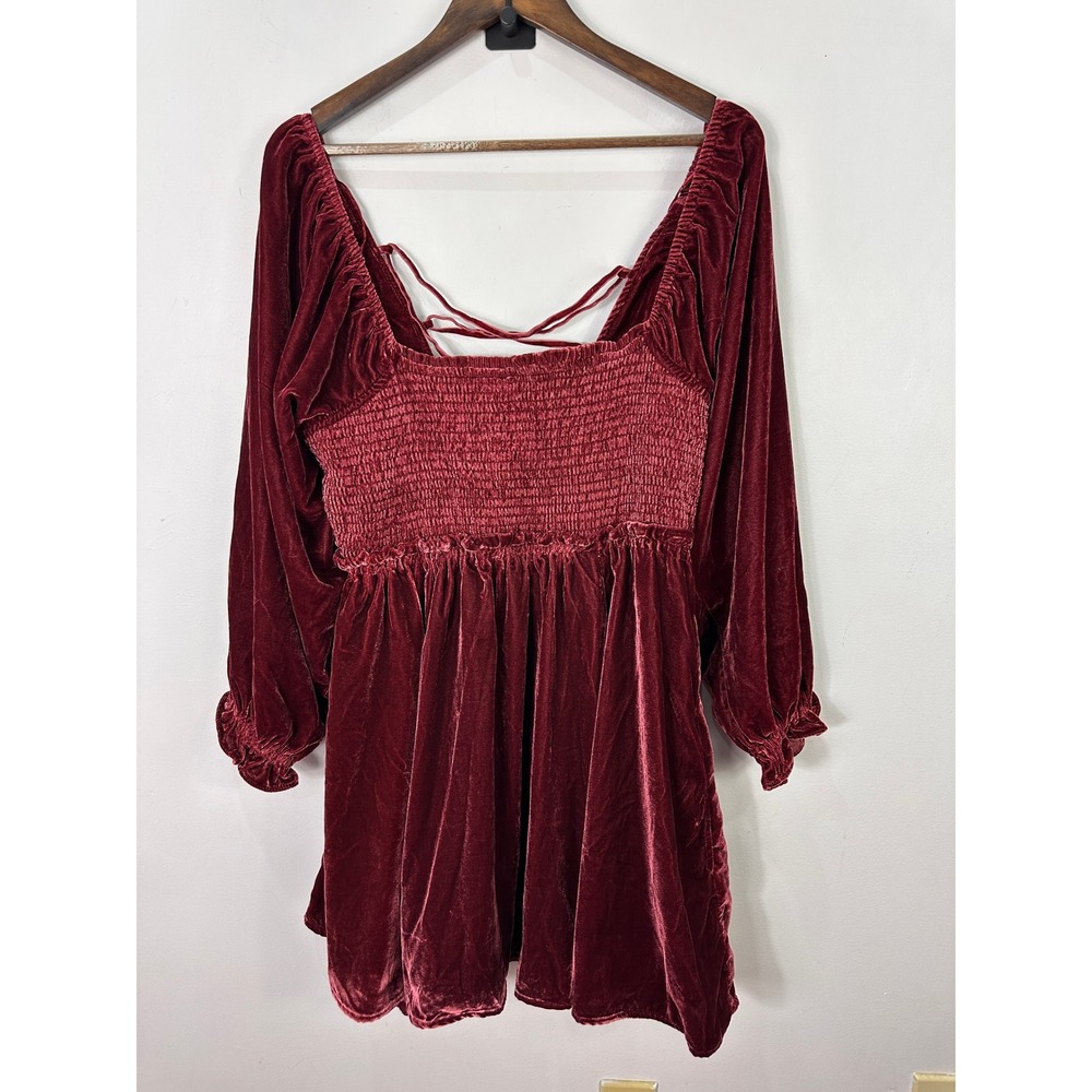 Free People Daphne Velvet Mini Dress Womens Medium Roan Rouge Smocked Lace Up
